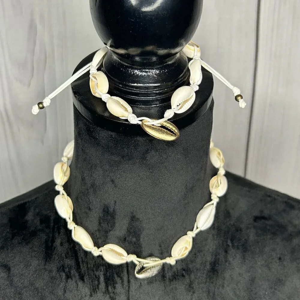 Cowrie Shell Choker Necklace and Bracelet Set Boho Surfer Y2K Beach Fashion